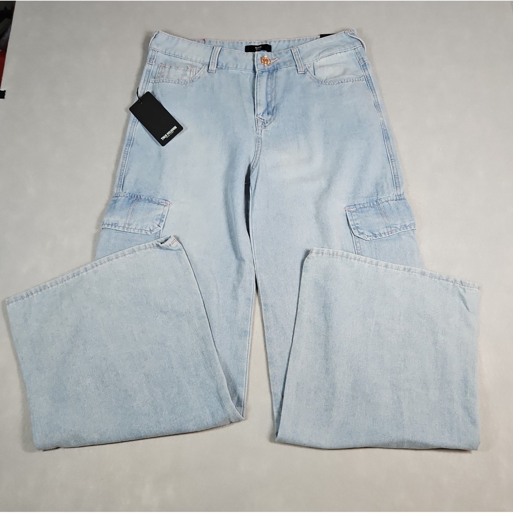 True Religion Womens Light Wash Bobbi Baggy Cargo Jeans Size 28 NWT